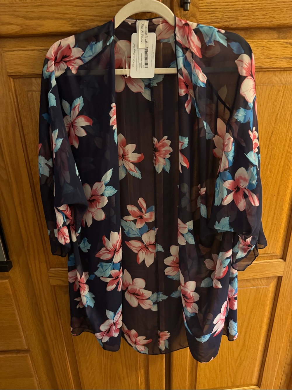 Sheer Navy Floral Kimono Cover-Up with Pink & Light Blue Blooms